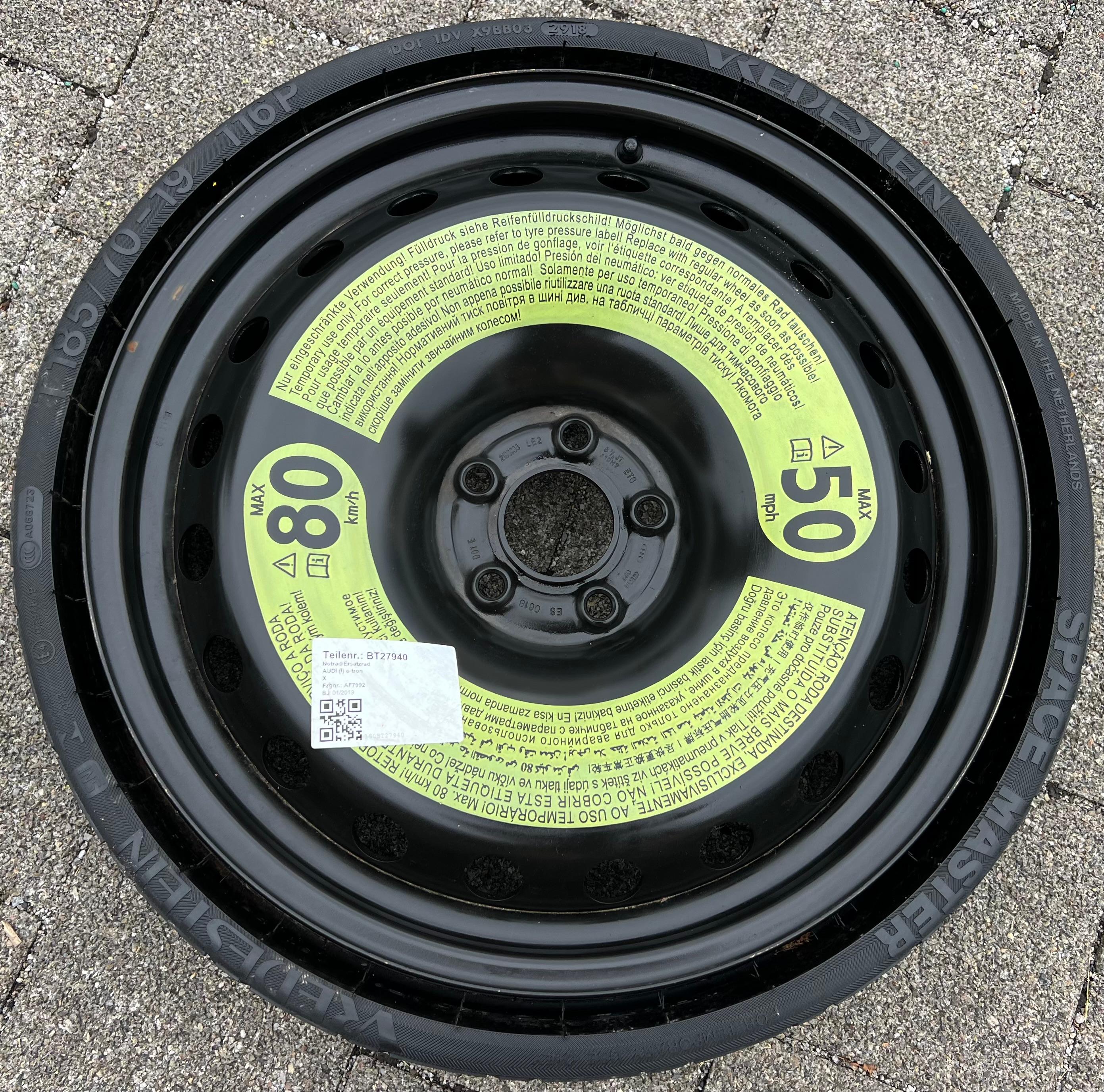 1 X ORIGINAL RESERVERAD NOTRAD AUDI Q8 4KE E-TRON 4KE601027 185/70R19 116P 2018