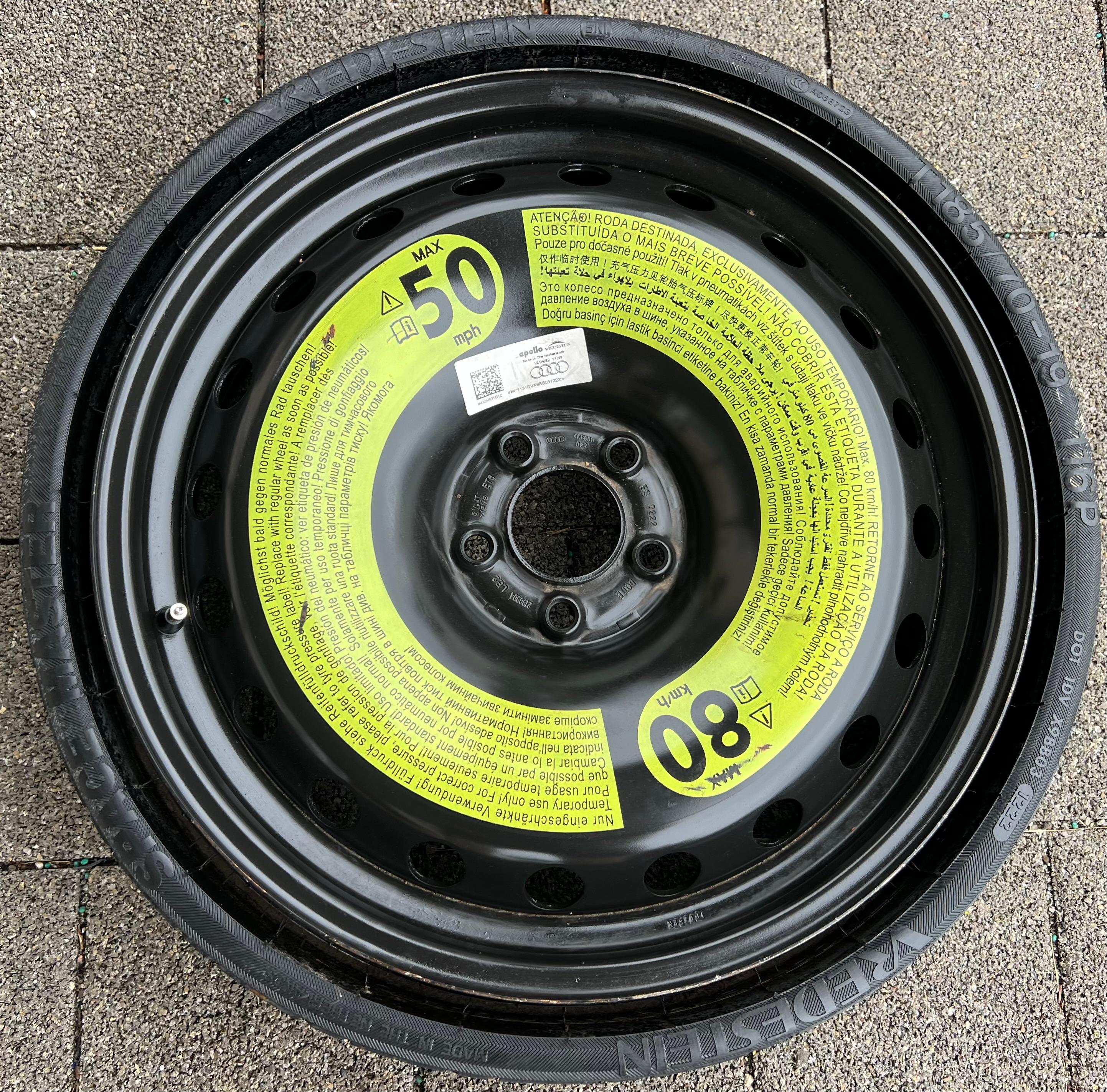 1 X ORIGINAL RESERVERAD NOTRAD AUDI Q8 4KE E-TRON 4KE601027 185/70R19 116P 2022