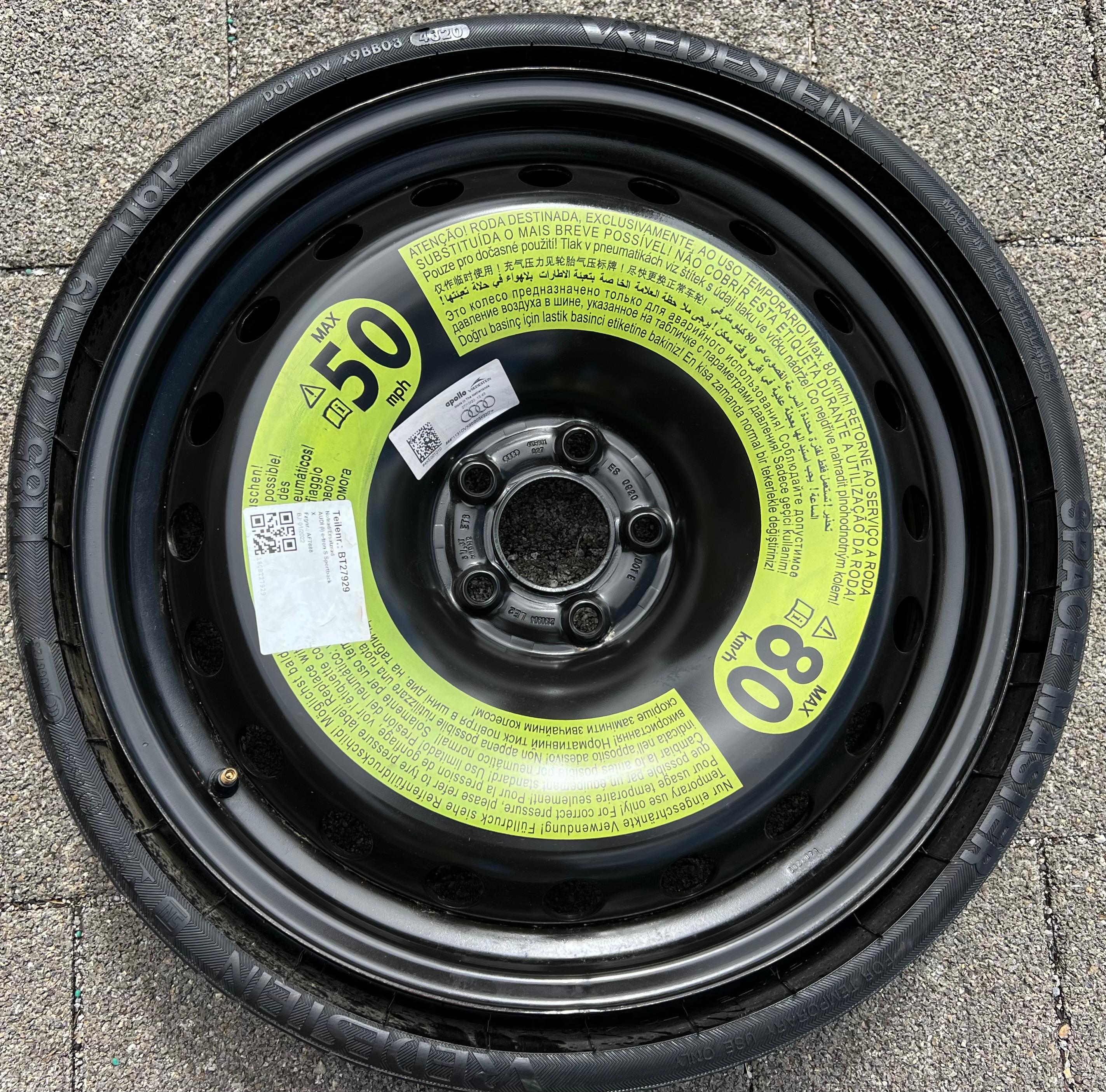 1 X ORIGINAL RESERVERAD NOTRAD AUDI Q8 4KE E-TRON 4KE601027 185/70R19 116P 2020